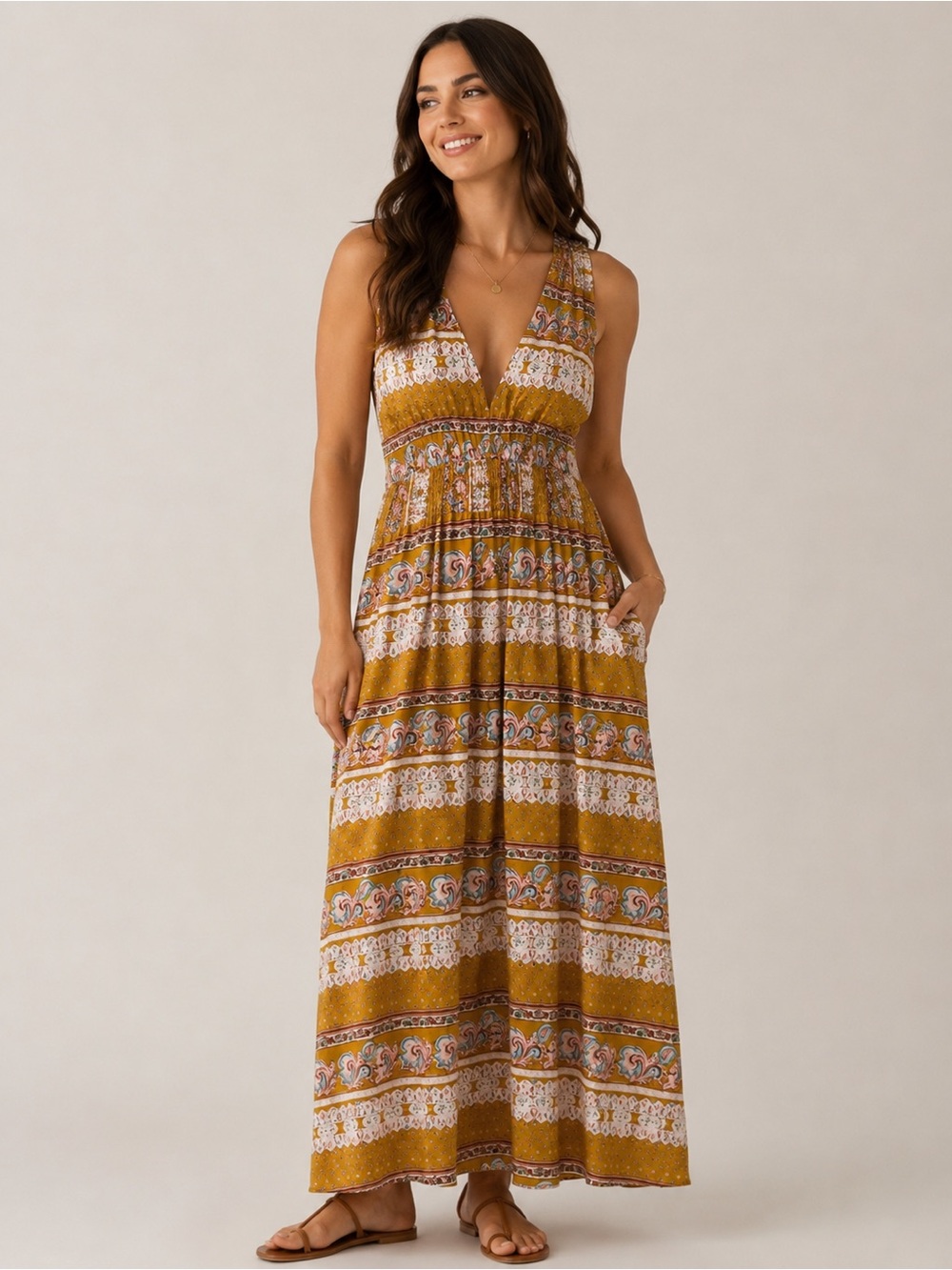 Natural Life maxi dress mustard yellow paisley size large slit sides boho beach